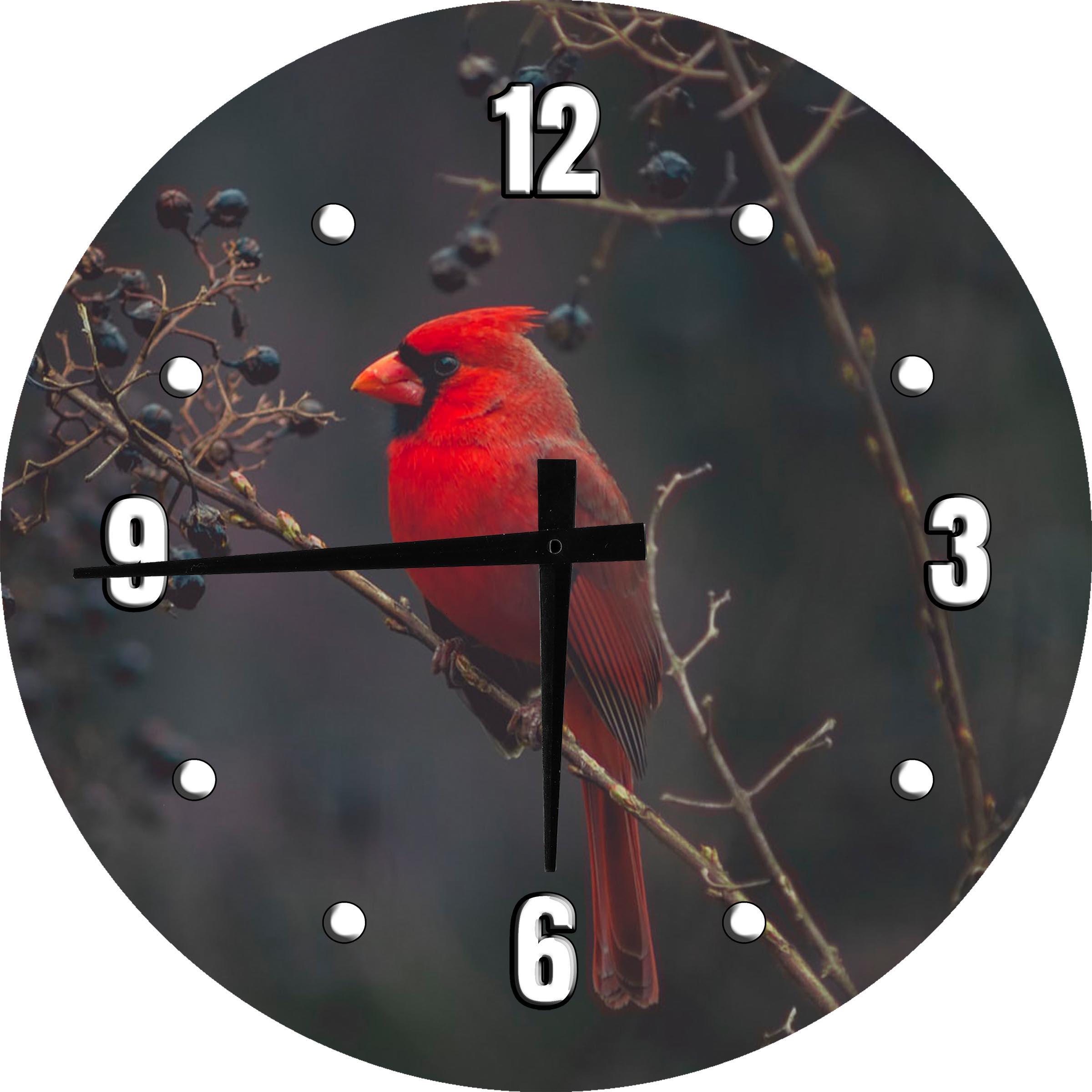 Round Wood Wall Clock Northern Cardinal Red Bird Large Clock Wall Art