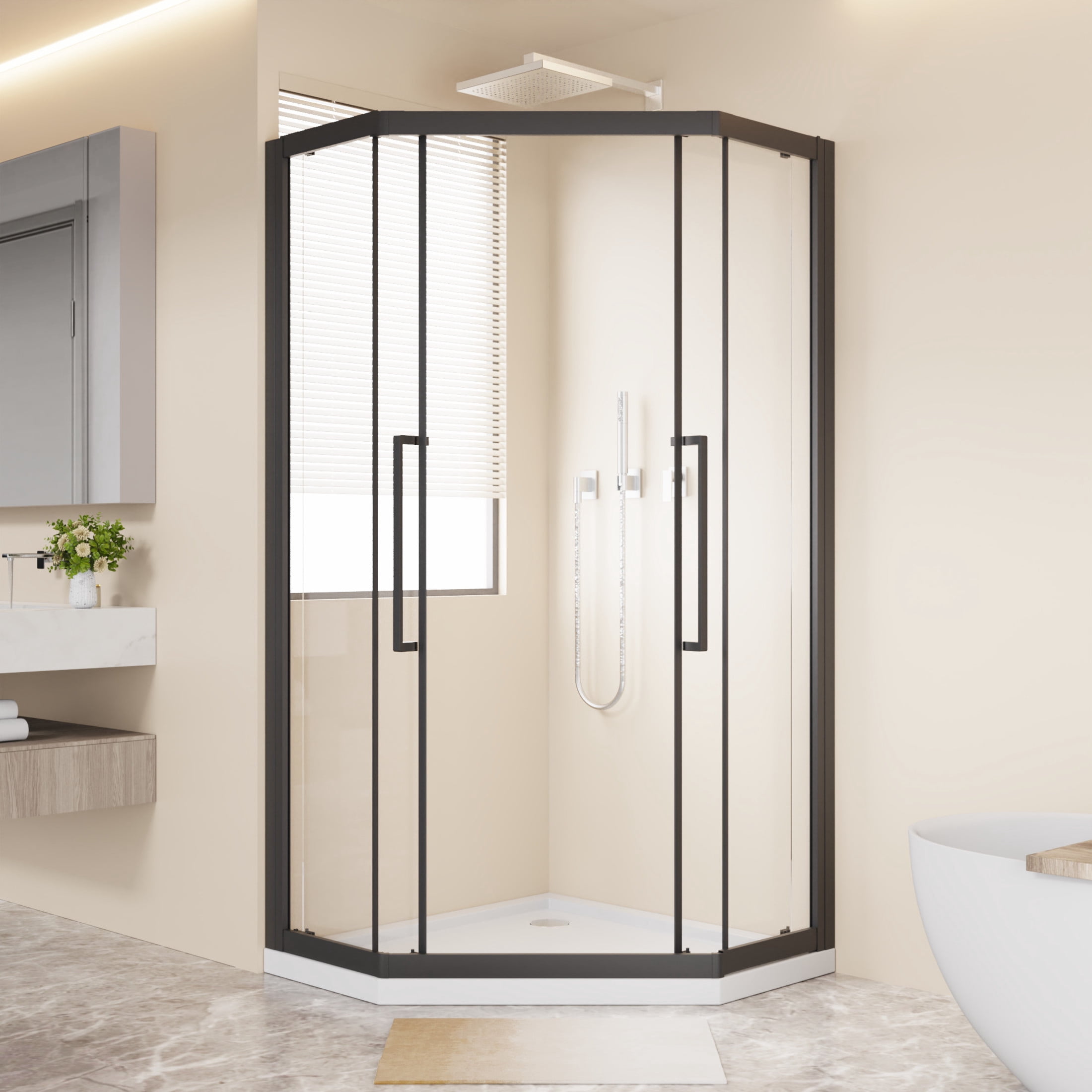 Noble House 36" x 72" Neo-Angle Sliding Shower Enclosure, Clear Tempered Glass Diamond Shower Door, Matt Black