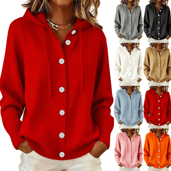 Zeijnsda Cardigan Sweaters for Women Long Sleeved Hooded Sweaters Women's Fashion Button Cardigan Winter Warm Knit Sweater Coats