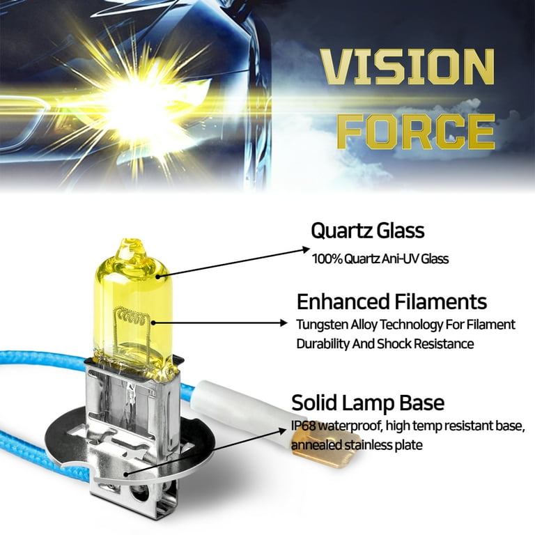 55W Bright Headlight Bulbs H3 Halogen Headlight Bulbs - 3000K Yellow 55W Fog &amp; Driving Lights (2 Pack) - Made In Korea Yellow Fog Lights