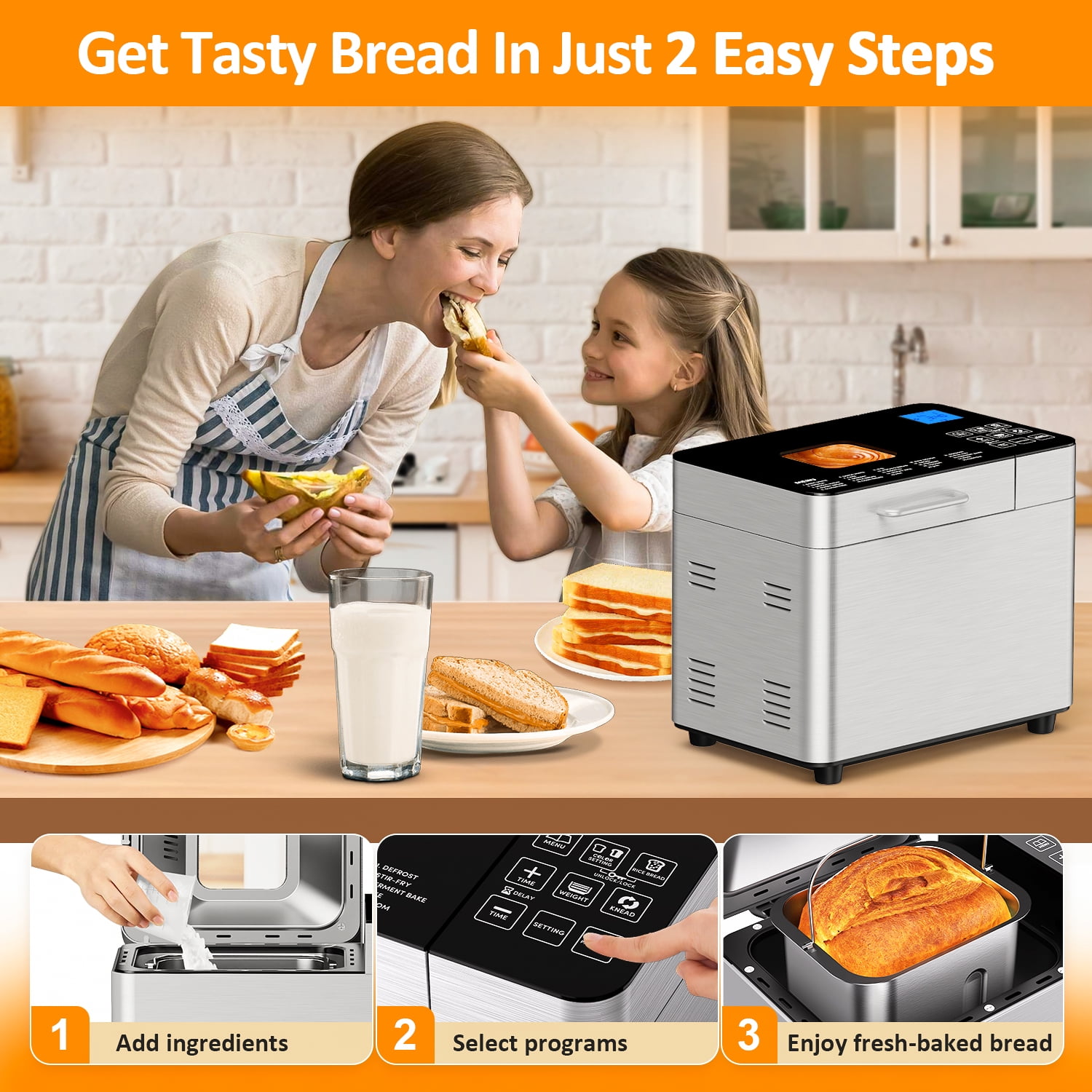 TINANA 25-in-1 Stainless Steel Bread Maker Machine, 2 LB Wheat Bread Making Machine with Recipes, Dough & Bread Machine with 15 H Timer & 1 H Keep Warm