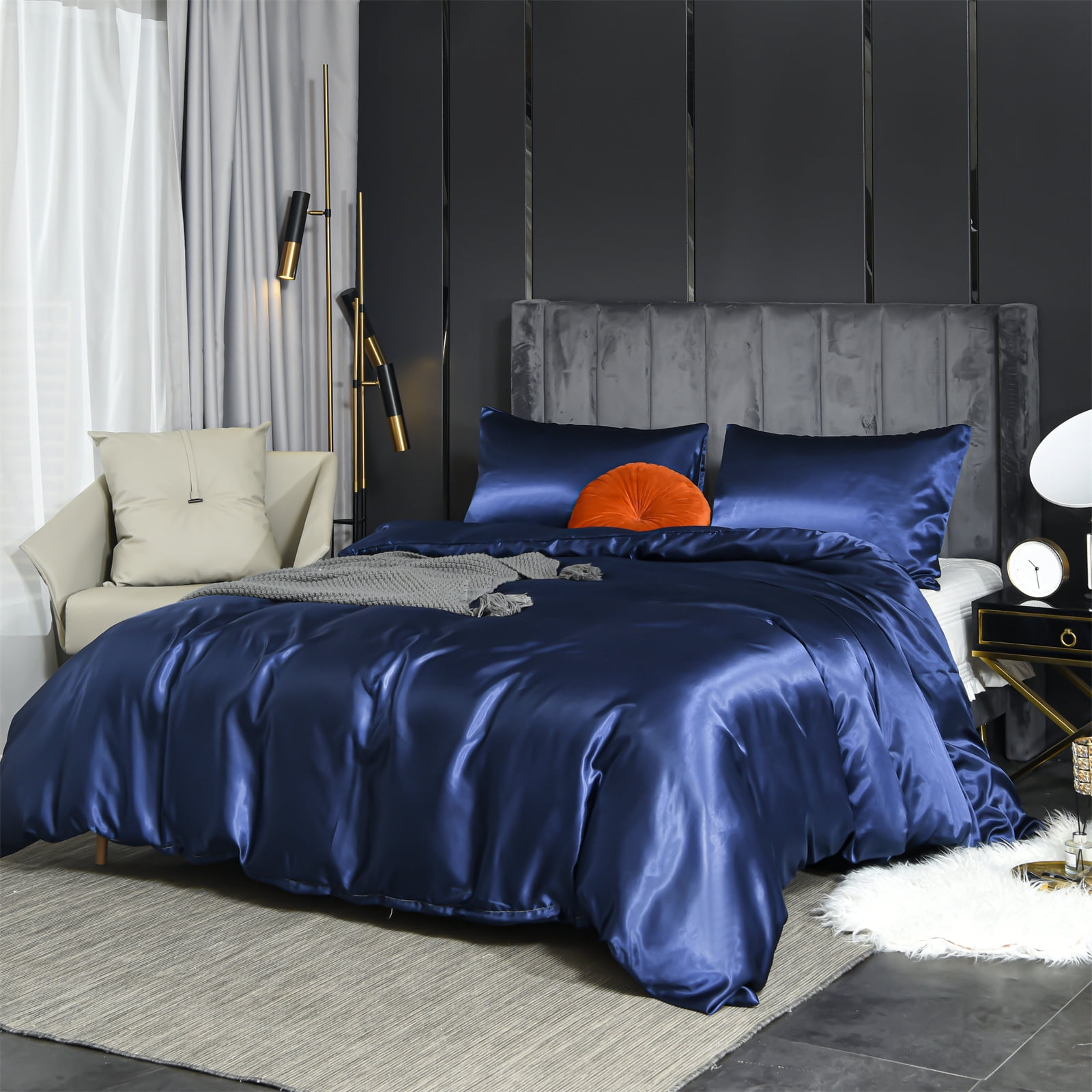Move Over Navy Blue Duvet Cover Set Queen Silk like Satin Bedding Sets