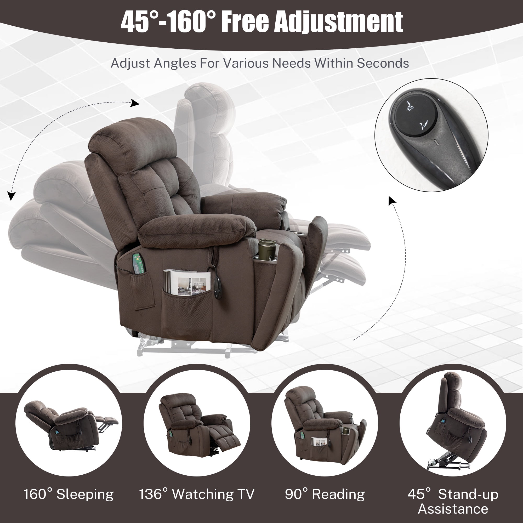 SYNGAR Electric Lift Recliner Chair with Heat and Massage, Oversized Recliner with Hidden Cup Holder for Living Room, Single Recliner Sofa with 26" Width Seat, Easy Assembly, Brown