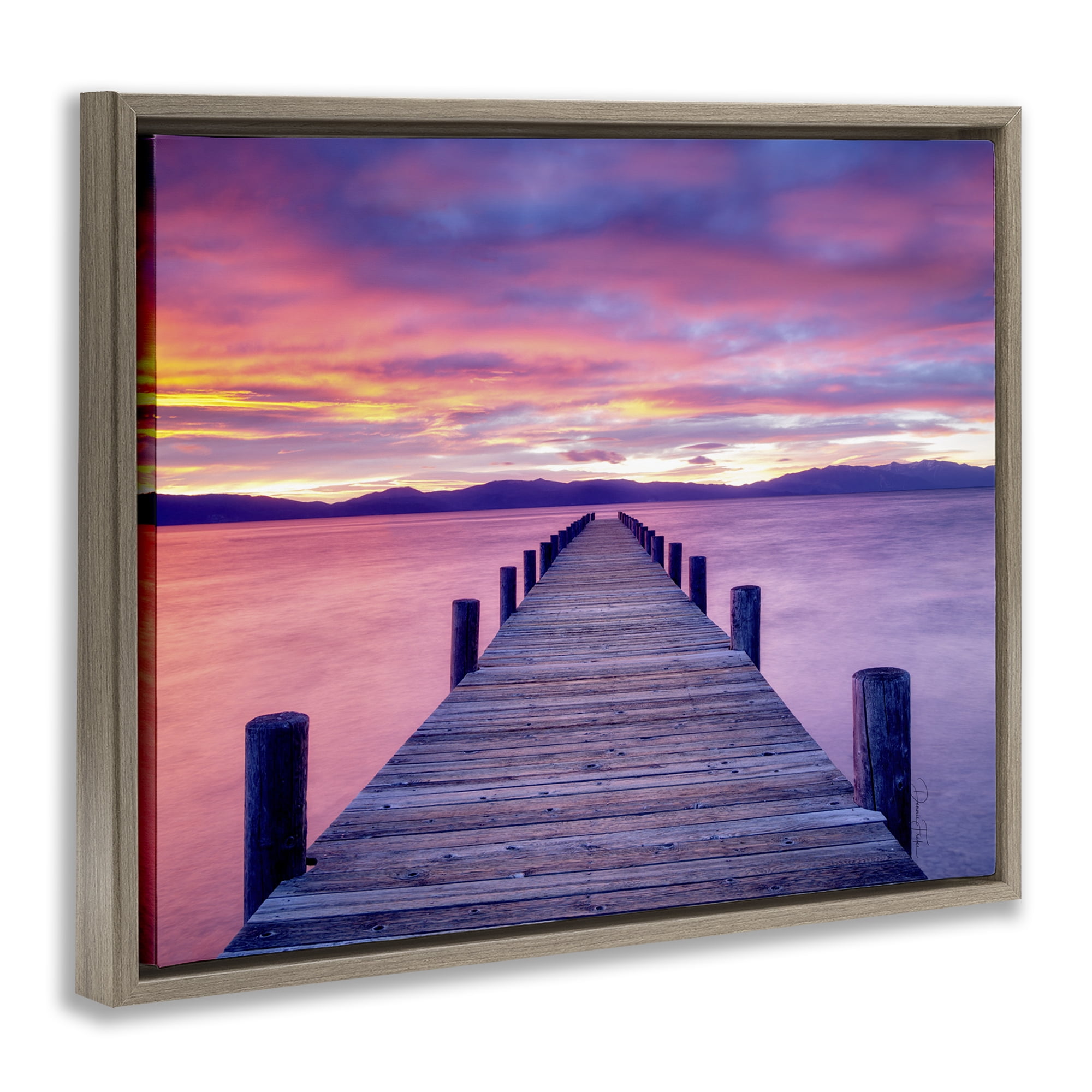 Stupell Industries Purple Sunset Dock Landscape Photography Brown Floater Framed Canvas Art Print Wall Art, 21 x 17