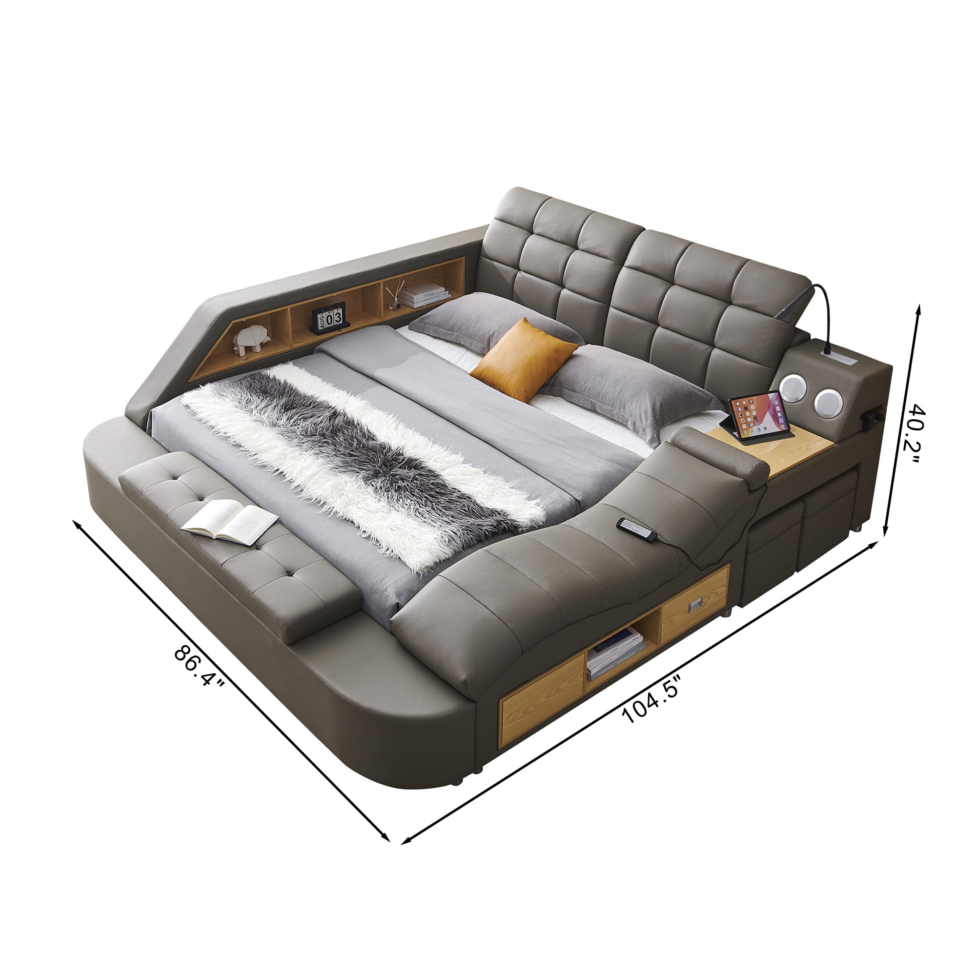 Queen Size Multifunctional Bed Frame, Upholstered Storage Platform with Right-Side Massage Recliner, Music Speaker, USB Charging Station