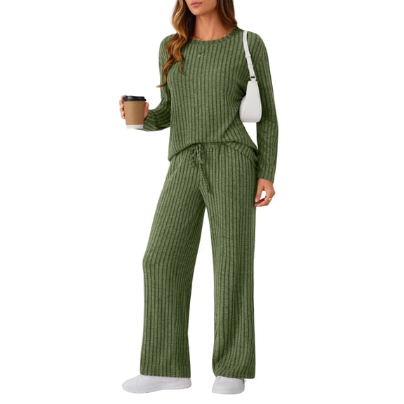 Womens Lounge Sets 2 Piece Matching Pajamas Fall Fashion Ribbed Knit Outfits Long Sleeve Casual Sweatsuits Green S