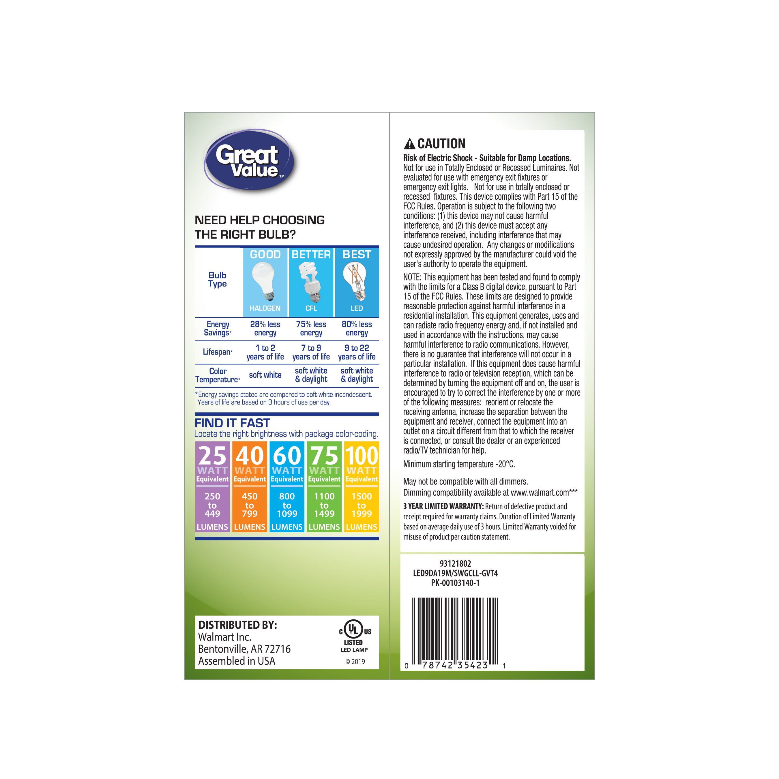 Great Value LED 9-Watt (75W Replacement) Soft White General Purpose A19 Light Bulbs, 4pk