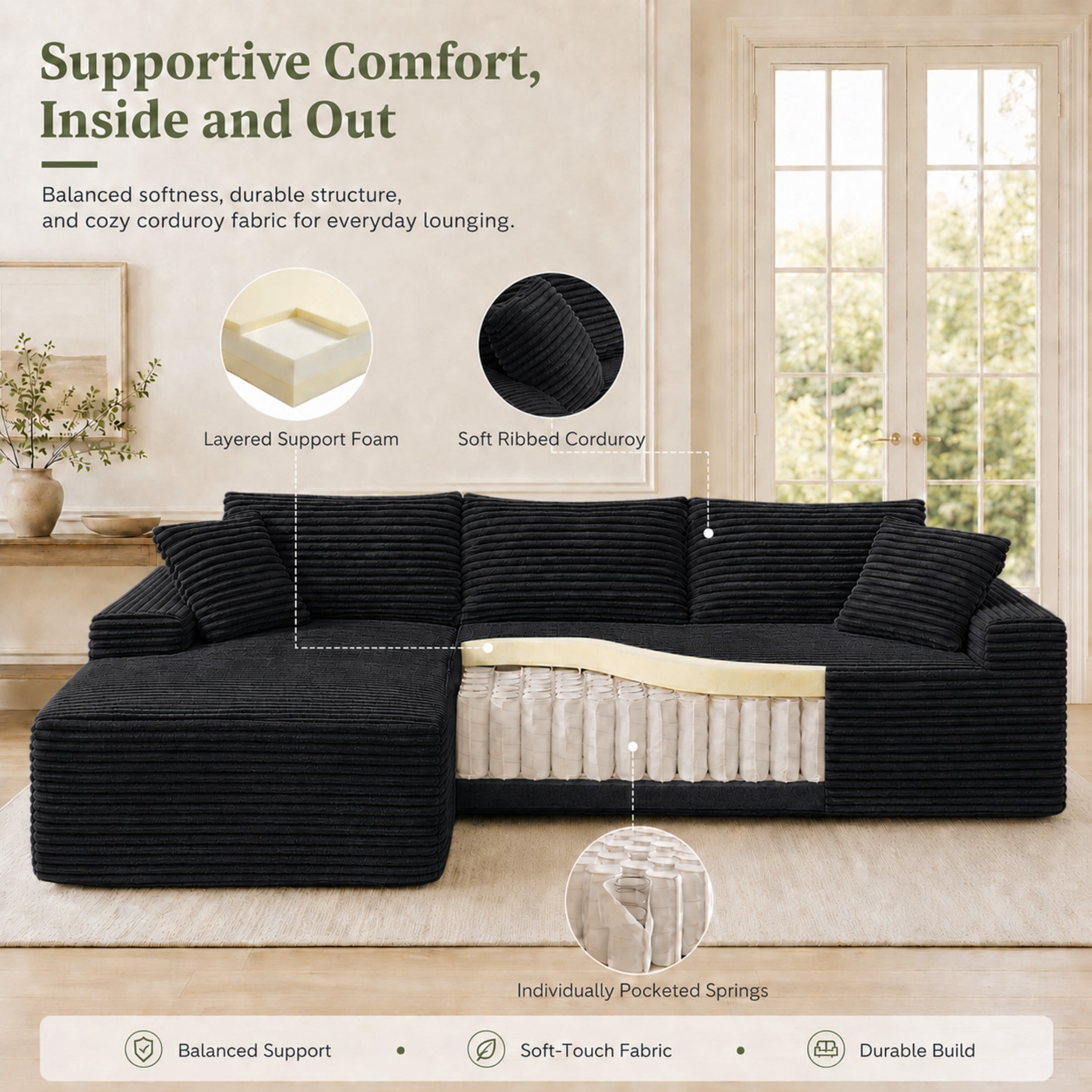 Aenkyo 106 Inch Corduroy L-Shaped Cloud Sectional Sofa with Reversible Chaise, Black