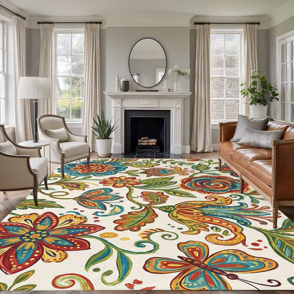 Paisley Boho Floral Area Rugs 5'x7', Washable Small Throw Rugs for Laundry Room Playroom, Vintage Flowers Botanical Indoor Outdoor Rug Non-Slip Low Pile Carpet Runner Reversible Floor Mats
