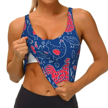 Qokaie Chicken and Rooster Pattern Womens Scoop Neck Sports Bra Breathable Workout Vest Padded U Back Medium Impact Fitness Gym Yoga Bra Workout Crop Top