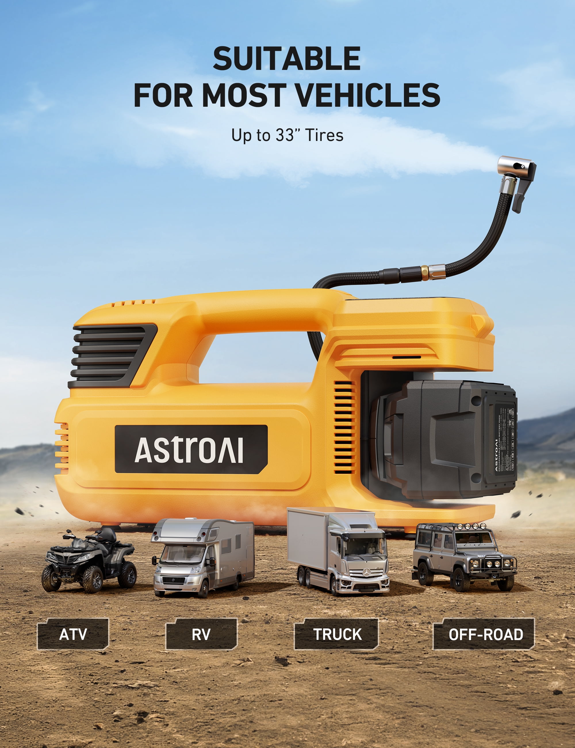 AstroAI Air Compressor Tire Inflator, 150PSI Heavy Duty Air Compressor, 470W 18V Cordless Air Pump for Truck Tires with 4000mAh Battery, Digital Display for Car, RVs, SUV