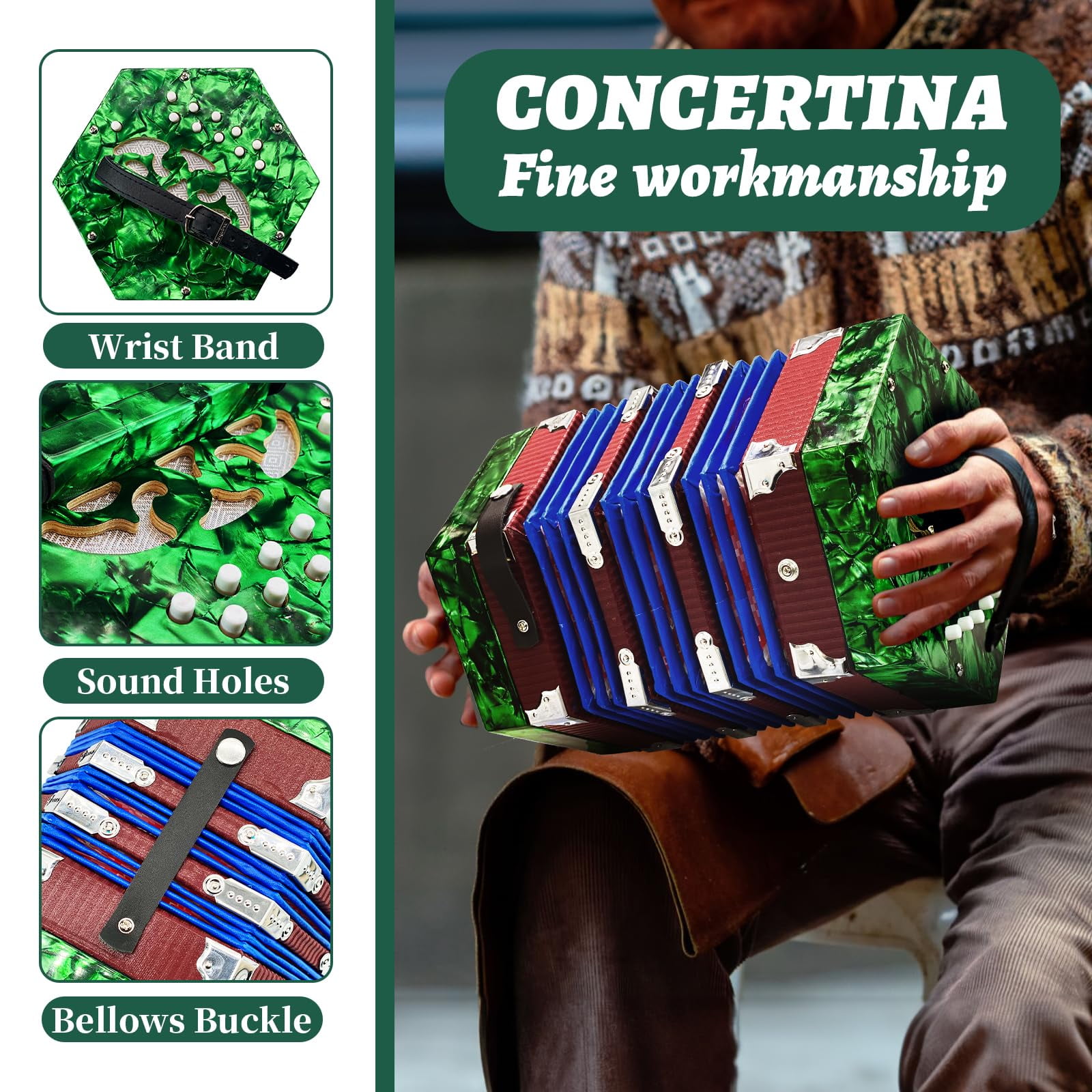 Concertinas,20-Key Accordion for Adults, Professional Accordion for Beginners, Adjustable Hand Straps, Instrument Accessories (Green)