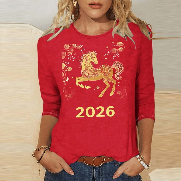 TaTaai Ladies 2026 New Year Festival Print 3/4 Sleeve Round Neck Blouse Casual Top Holiday Celebration Party Attire Gift