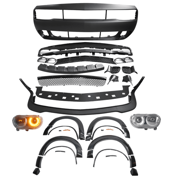 Ikon Motorsports Compatible with 08-14 Challenger Front Bumper Cover   SRT Lip   Fender Flares   Headlights