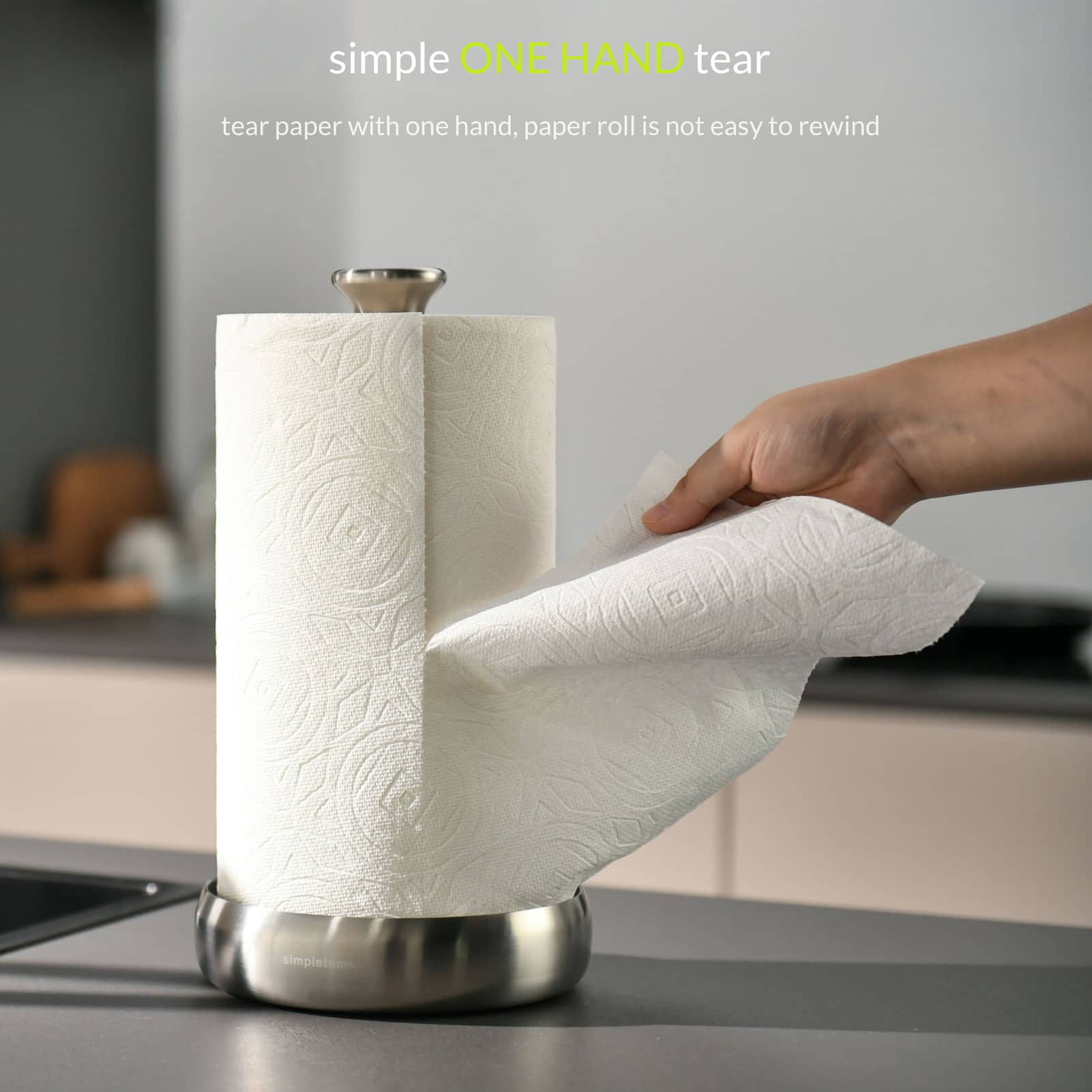 simpletome Paper Towel Holder Countertop ONE HAND Tear Keep It Rolled Up Weighted Base
