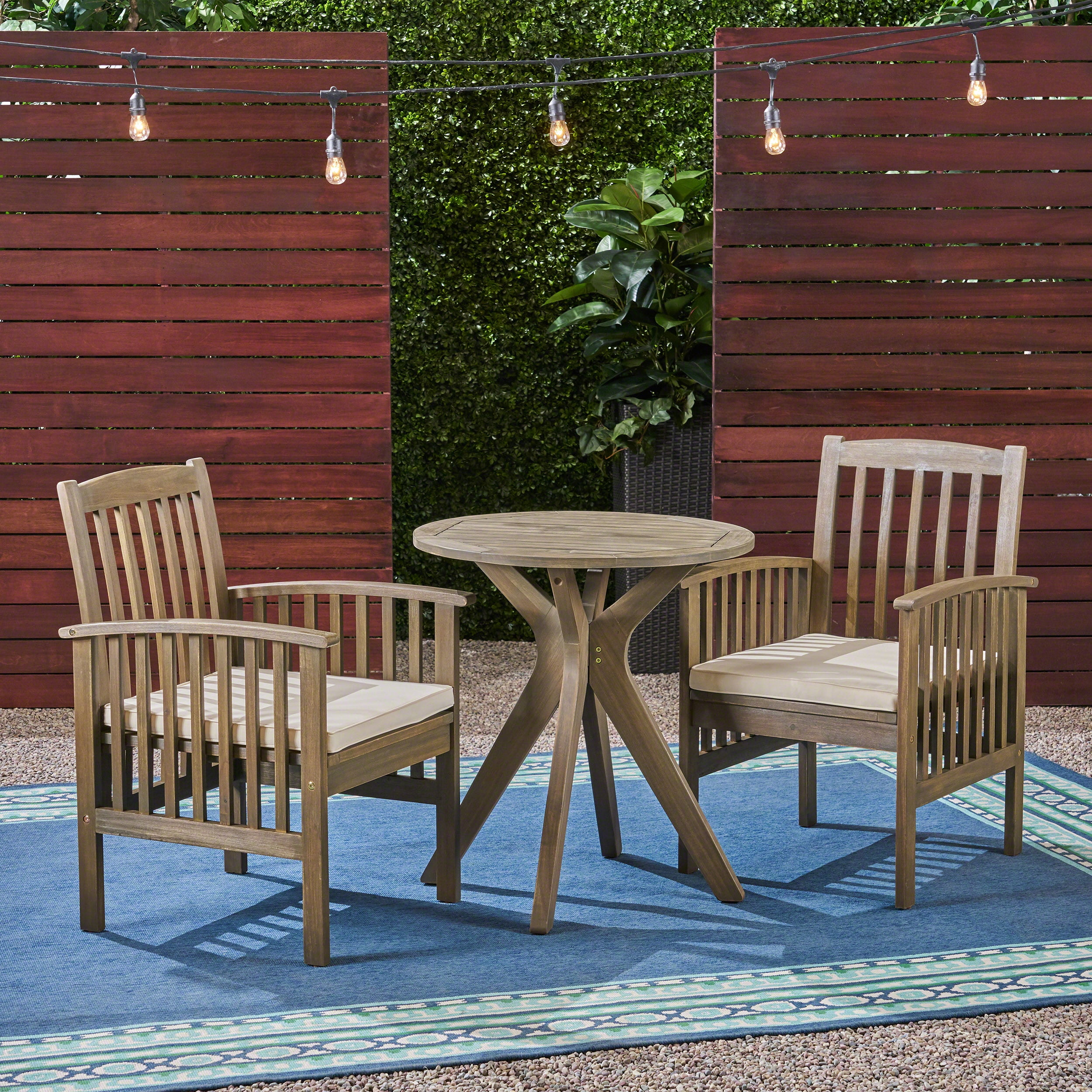 Frederic Outdoor 3 Piece Acacia Wood 28" Round Bistro Set with XLegs