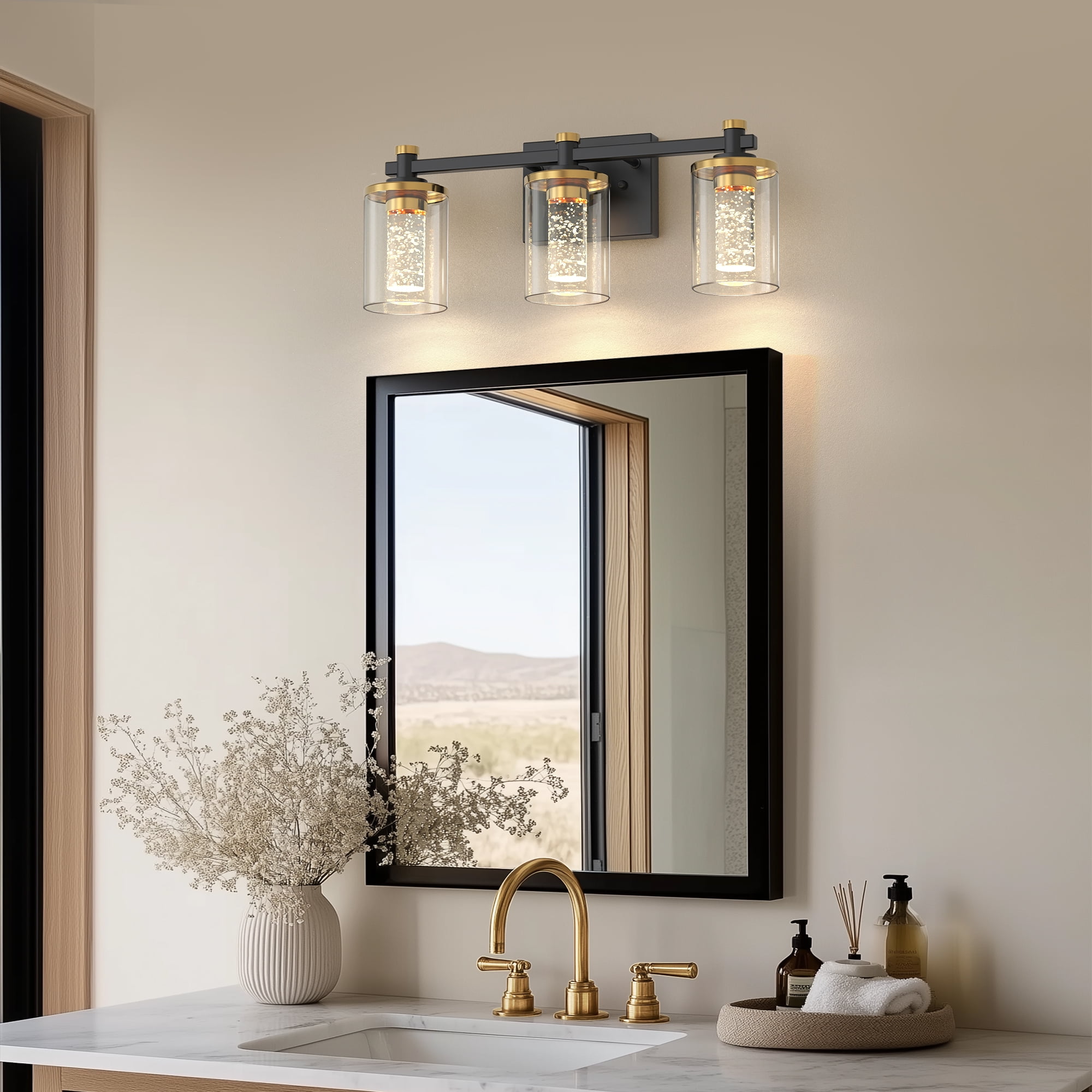YANSUN 19.7 in Modern 3-Light Black and Gold Crystal LED Vanity Light with Clear Glass Shades, 3CCT Lighting for Bathroom, Powder Room, Vanity Table