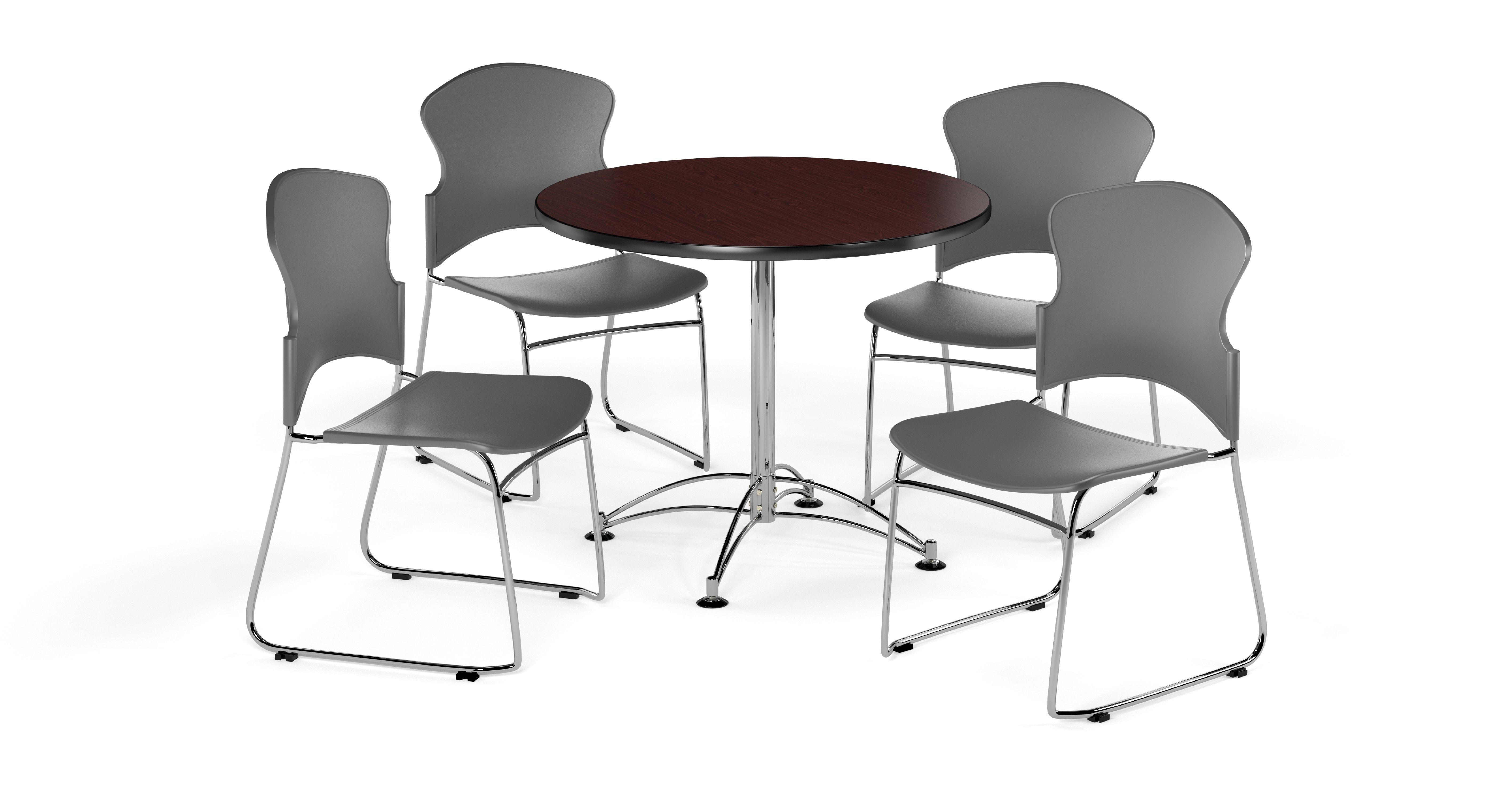 Ofm Multi Use Break Room Package 36 Round Table With Plastic Stack Chairs Mahogany Finish With Chrome Plated Steel Base And Gray Seats Pkg Brk 08