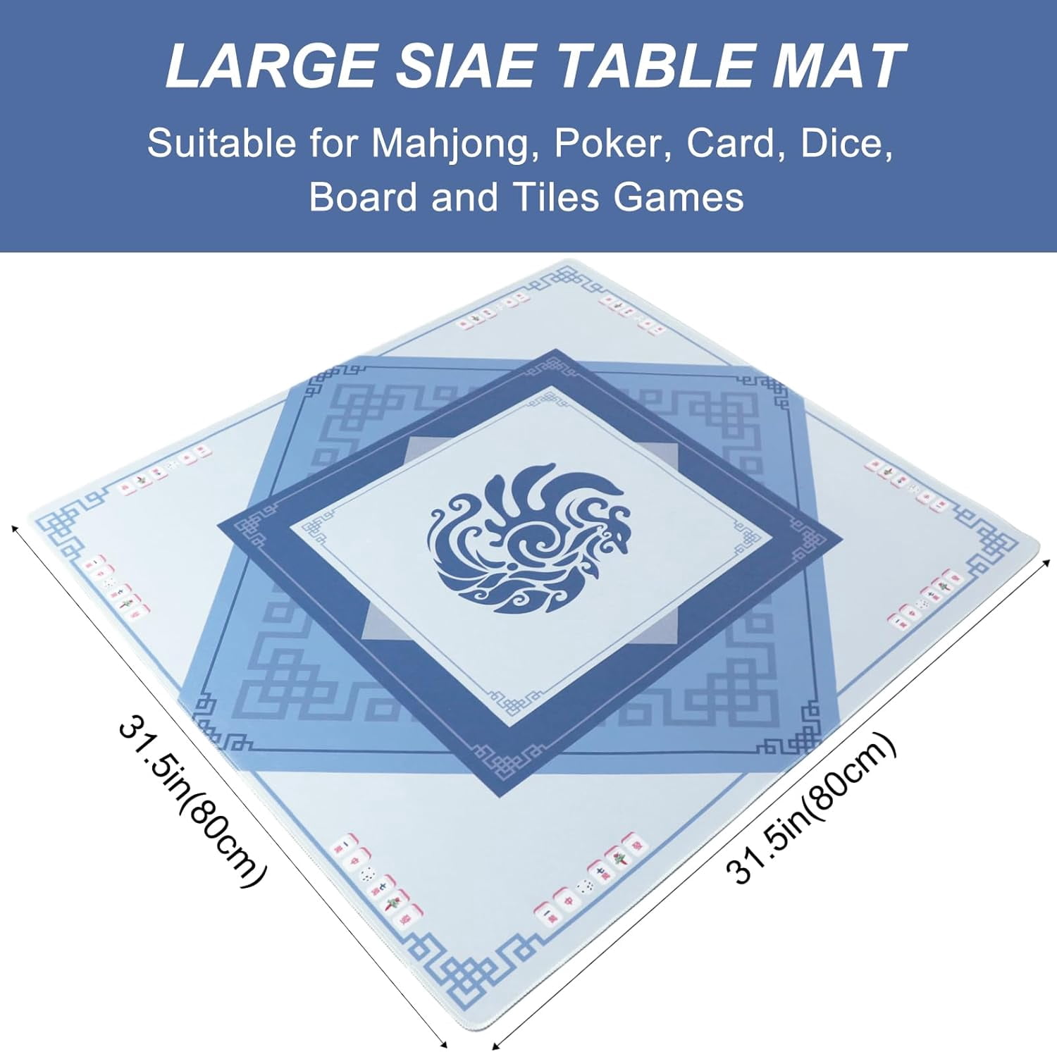 Large Mahjong Mat with Black Carrying Bag, Anti-Slip and Noise Reduction Table Cover for Mahjong, Poker, Card Games, Dominoes, Board Games (Blue, 31.5 inches)