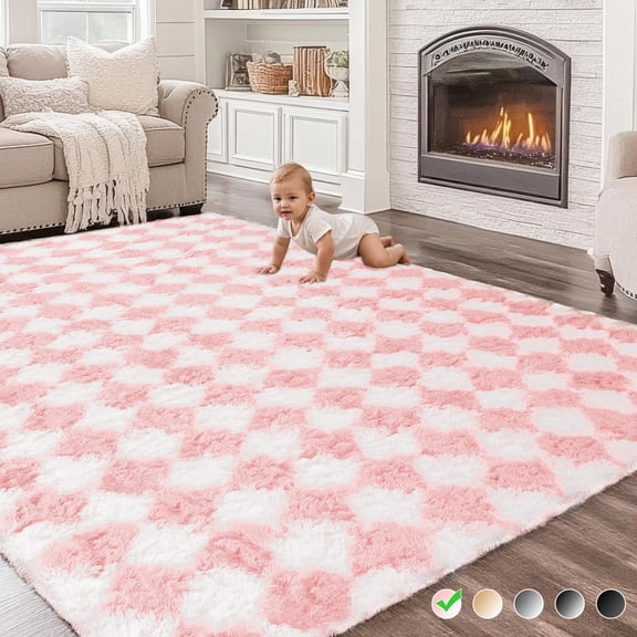 CozyDesg 4x6 Area Rug, Soft Shaggy Fluffy Indoor Carpet for Living Room Bedroom Office, Pink & White