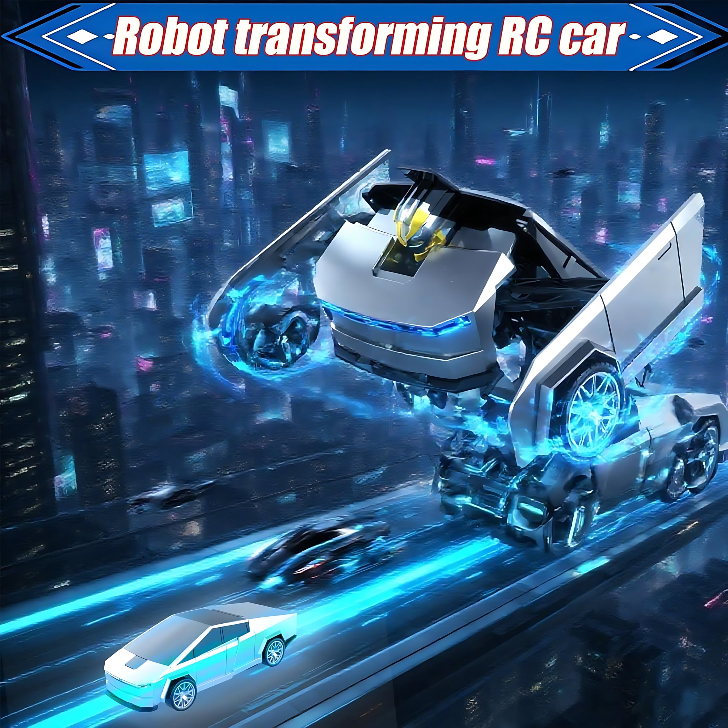 Cybertruck Remote Control Car, 1:18 Scale RC Truck with One-Button Deformation, Transform Robot Toy for Kids Ages 4-12, LED Lights