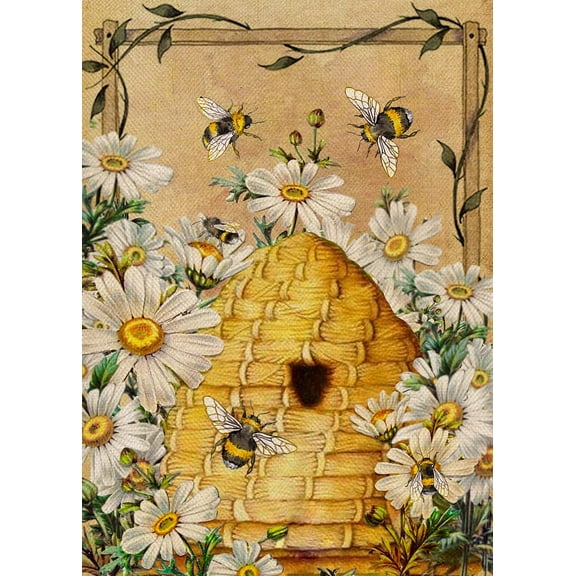 Daisy Bee Spring Summer Garden Flag, House Yard Lawn Decorative Small Flag Honeycomb Flower Home Outside Decoration Sign, Seasonal Farmhouse Burlap Outdoor Welcome Decor Flag Double Sided 12x18