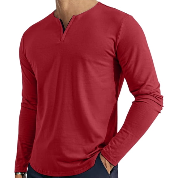 Fabrcox Mens V Neck Shirt Big and Tall Mens Long Sleeve Shirt Gym Cycling Camping Spring Summer Mens T Shirt Red S