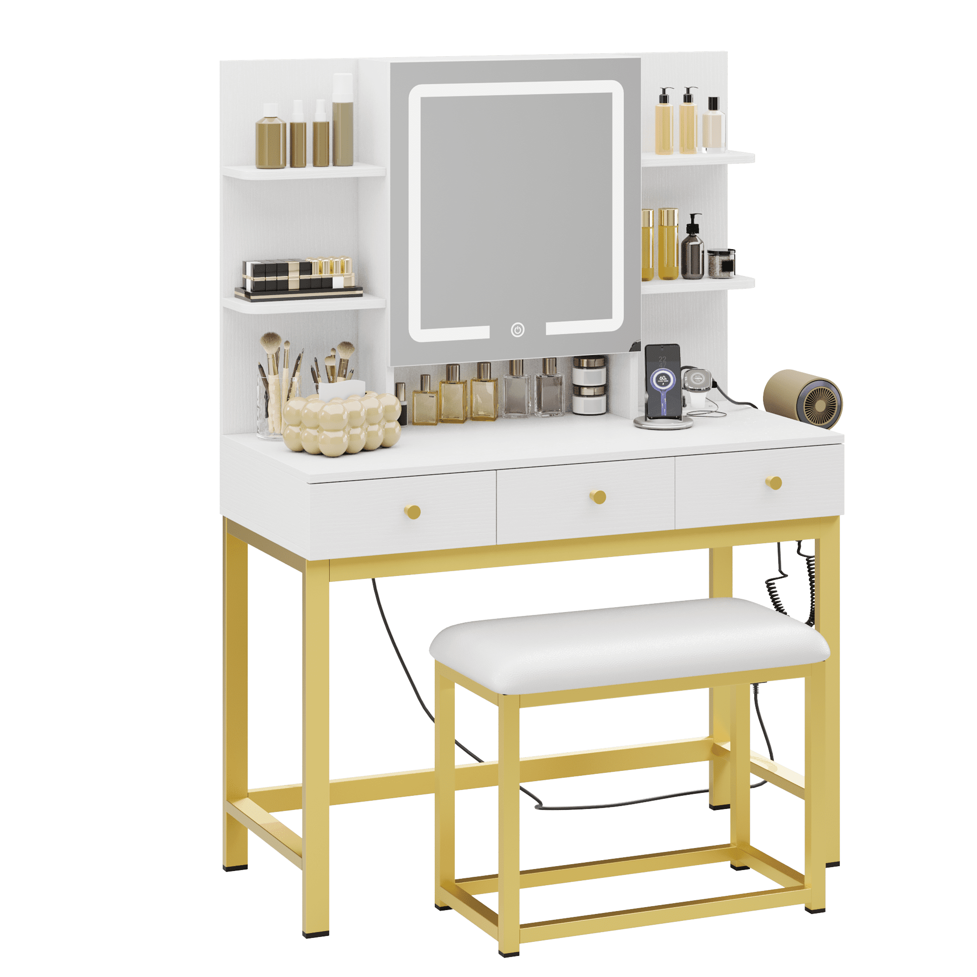 Uforic White Makeup Vanity Desk Set with LED Mirror & Lights, 3 Drawers Storage, Power Outlet, Stool - Modern Bedroom Furniture
