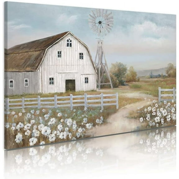 Old Barn Wall Art Handpainted Barn Painting Barn and Flowers Wall Decor Rustic Bedroom Wall Decor Farmhouse Barn Windmills Art for Bathroom Bedroom Living Room Framed Ready to Hang(16"x 12" )