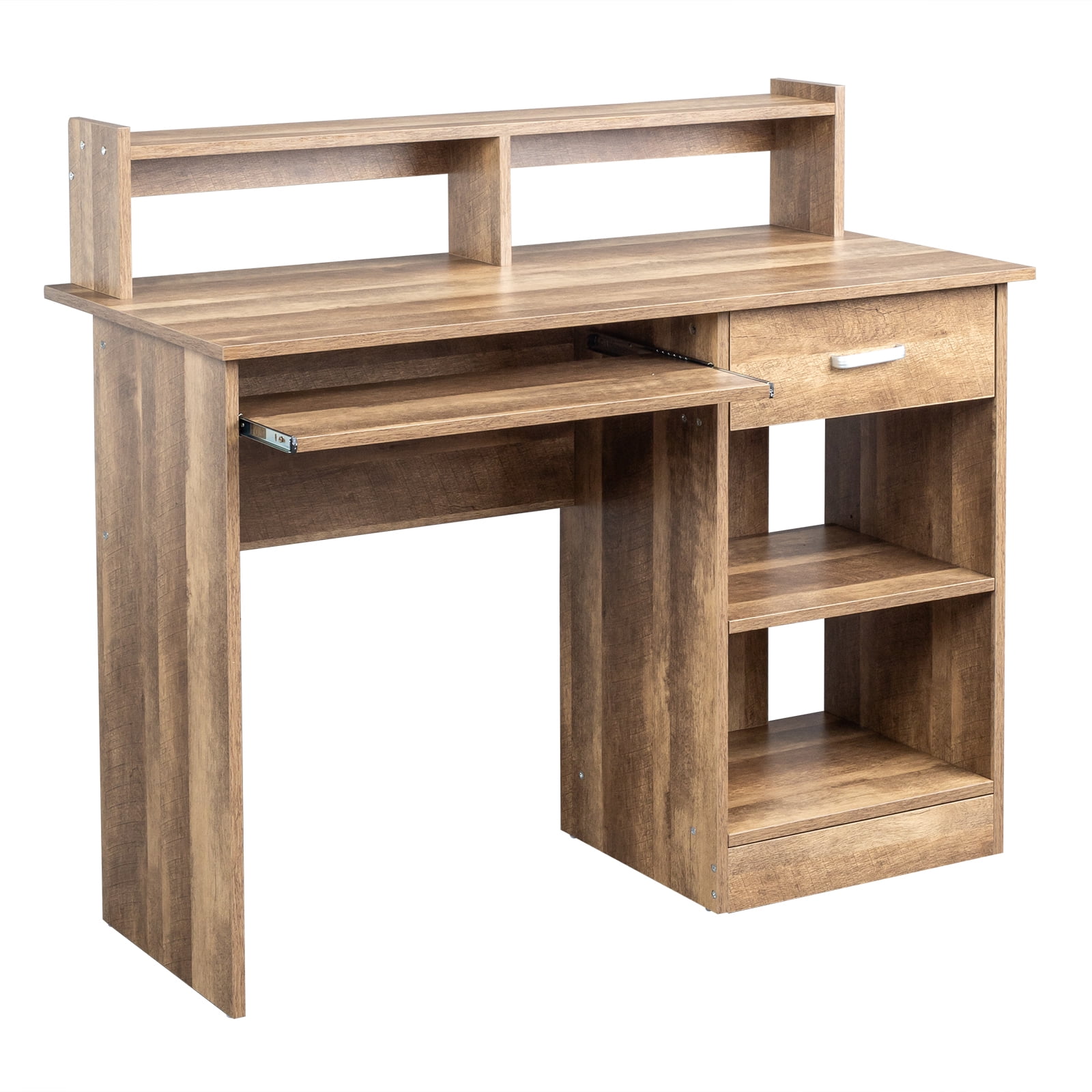 Ktaxon Gaming Desk with Keybroad Tray&Drawers, Computer Desk with Desktop Storage Rack& Adjustable Shelf Cabinet for Home Office, Natual