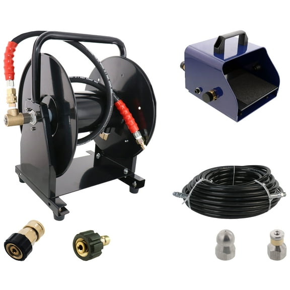 Scheiffer Sewer Jetter Kit - Foot Pedal Hose Reel 3/8" x 100' Hose and Nozzles