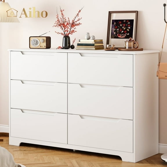 Aiho 6 Drawer Double Dresser for Bedroom, White Dresser Wood Storage Cabinet with Wide Top for Living Room