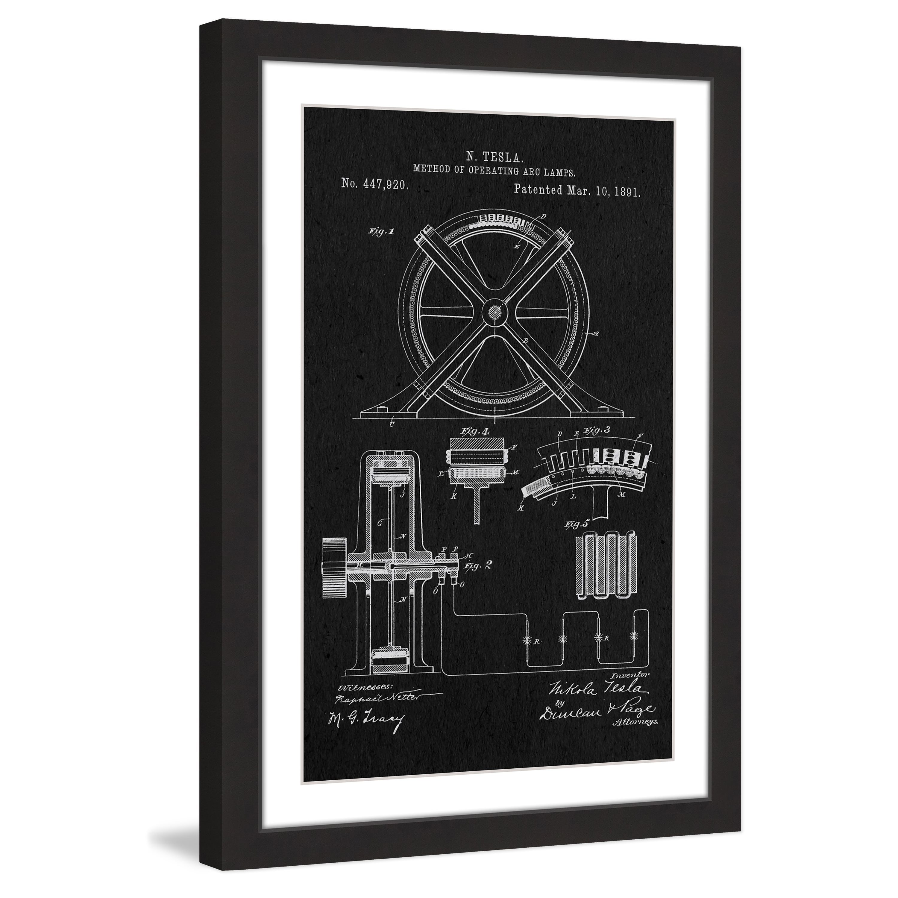 "Tesla Arc Lamp 1891 Black Paper" Framed Painting Print