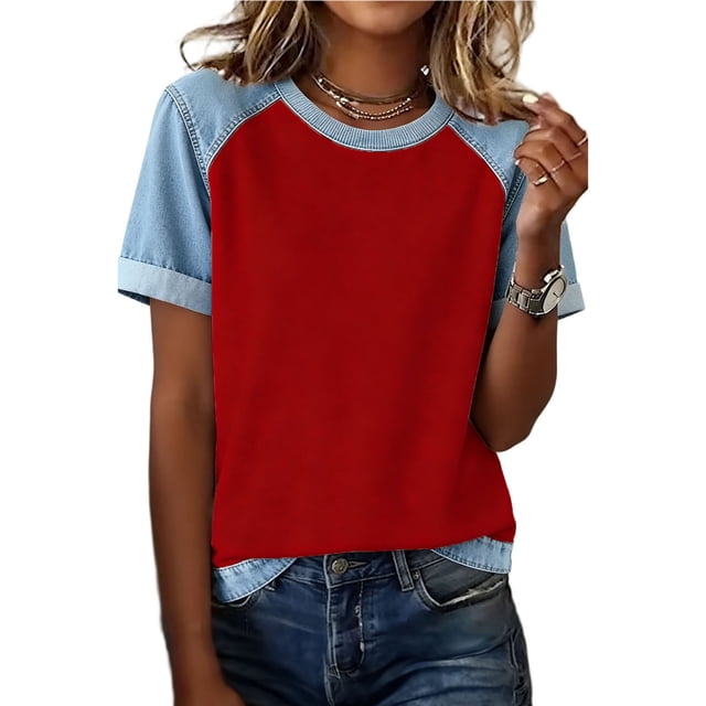 Camisetas de Manga Larga de Verano para Mujeres de Cuello Redondo de Manga Corta de Color Sólido, Camisetas de Manga Corta de Verano para Mujeres