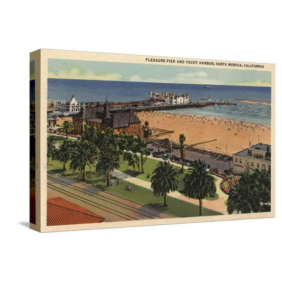 Art.com Santa Monica, California - Aerial of Pleasure Pier & Yacht Harbor Stretched Canvas Print Wall Art by Lantern Press, 18" x 12"