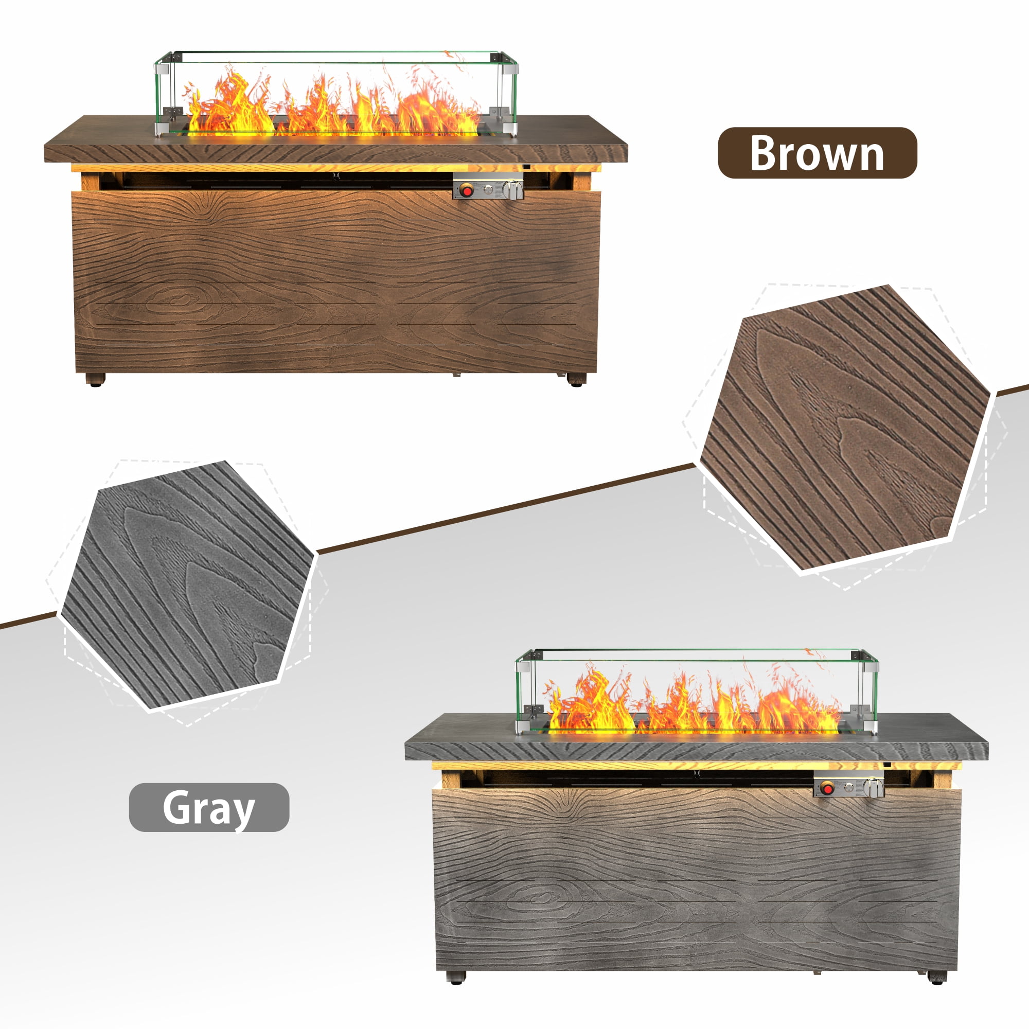 51 in. Propane Rectangular Fire Pit Table with LED Light, 50,000 BTU Coating Steel Tabletop Fire Pit (Brown Wood Grain)