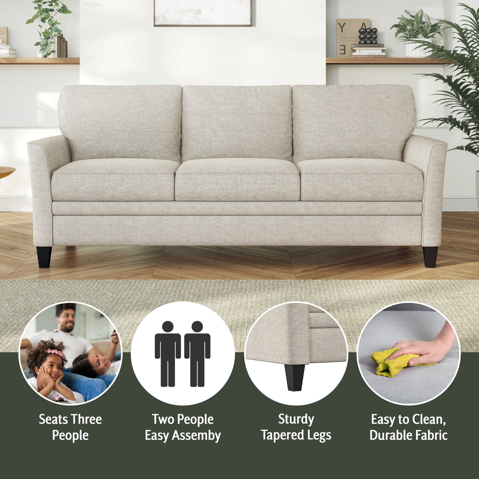 Mainstays Kensington 80" 3 Seat Classic Modern Couch, Beige
