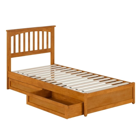 Everett Twin XL Wood Platform Bed with Panel Footboard & Drawers in Light Toffee