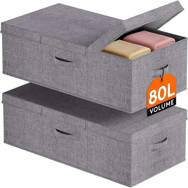 80L Under Bed Storage Containers, 9.8 Inch Tall Underbed Clothes Storage Organizer Bin with Sturdy Sidewalls, Bottom, 3 Lids, Deep Storage Drawer for Clothes, Shoes, Blankets, Pillows 2 Pack
