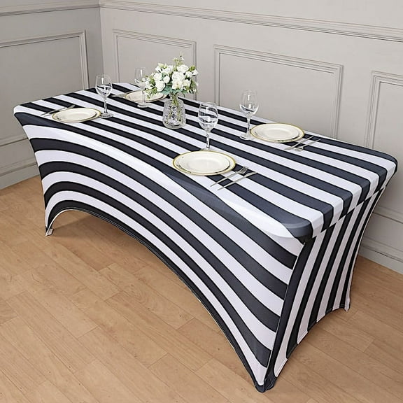 BalsaCircle 8 ft Black White Striped Fitted Premium Spandex Rectangular Tablecloth Party Events Decorations
