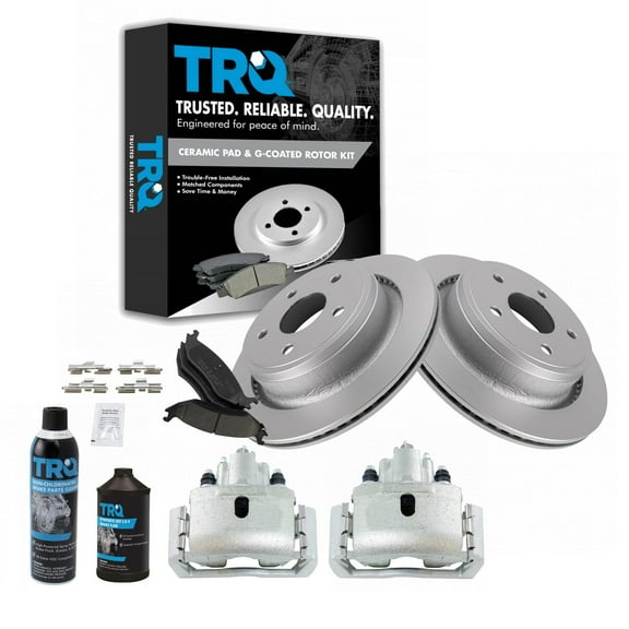 TRQ Rear Ceramic Brake Pad Coated Rotor & Caliper Kit w/Fluids for Chrysler BKA23366 Fits select: 2013-2018 RAM 1500, 2002-2003 DODGE RAM 1500