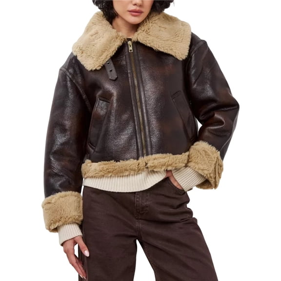 Women Faux Leather Jacket with Faux Fur Lining Warm Winter Biker Coat Brown M