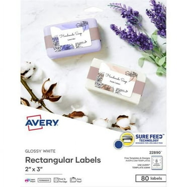 Avery Rectangle Labels, Glossy White, Sure Feed, 2" x 3", Laser/Inkjet, 80 Labels (22890)