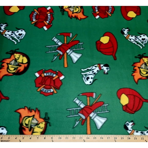 Fleece Firefighters Fire Fighters Fireman Firemen Helmets Dogs Dalmatians First Responders Green Fleece Fabric Print by the Yard (6121M-10H-fire)