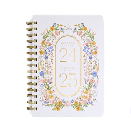 Think Ink Twin Wire 15 Month Weekly Planner, Floral Frame, 5.75" x 8.25", Oct 2024 - Dec 2025
