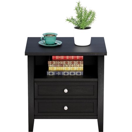 Homefan Black Nightstand Drawer Dresser for Bedroom Small Dresser with Drawer and Open Storage Shelf Bedside Furniture with Solid Wood Feet