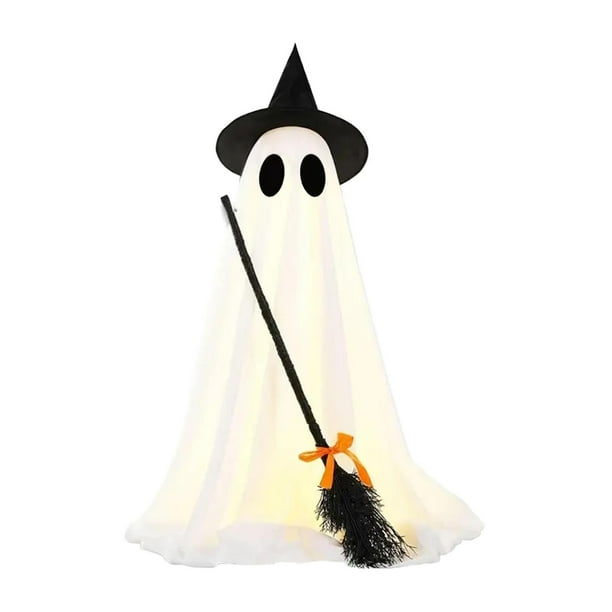 Luz fantasma de Halloween,Escoba de bruja con decoración fantasma brillante de Halloween,Fantasma de tela blanca iluminado con luz fantasma,Decoración de Halloween con fantasmas aterradores