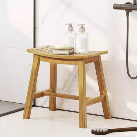 Harmijoy Shower Bench Teak Wood Shower Stool with Curved Seat Waterproof Bath Bench