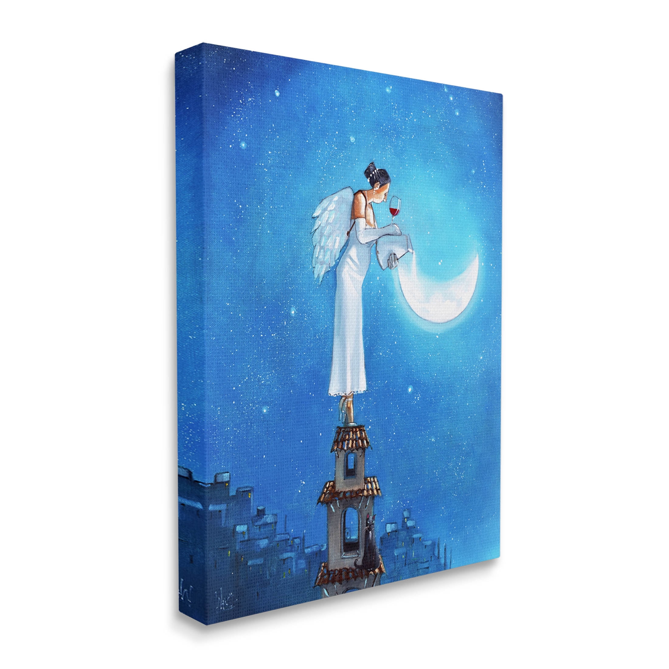 Angel Pouring Moon Cityscape Landscape Painting Gallery Wrapped Canvas Print Wall Art