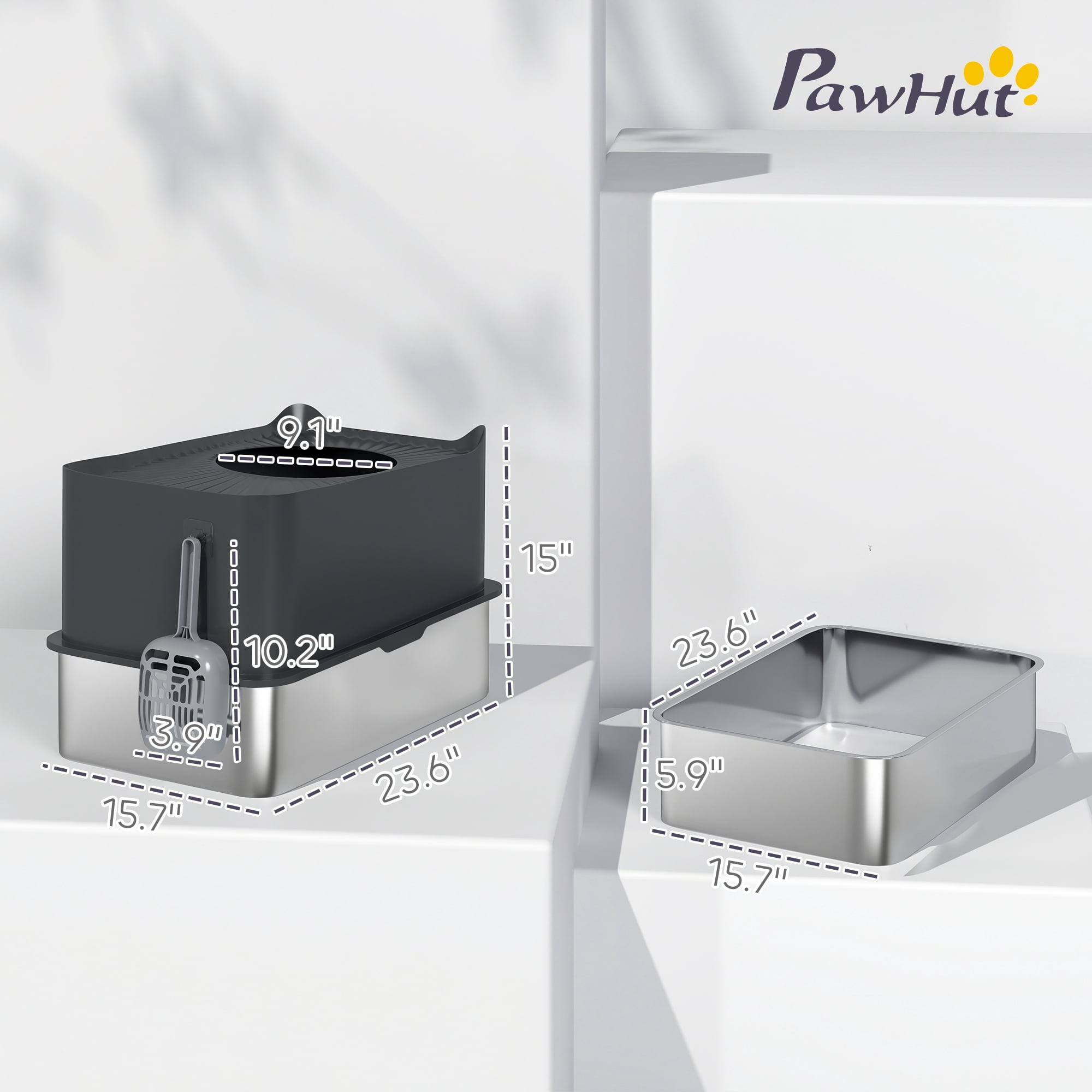 PawHut Stainless Steel Litter Box, High Sided Enclosed Cat Litter Box with Scoop, Top Entrance, Non-slip Pads, Anti-Leakage, Non-Sticky, Black